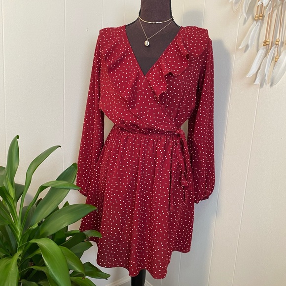 Burgundy Polkadot Wrap Dress - Picture 1 of 9